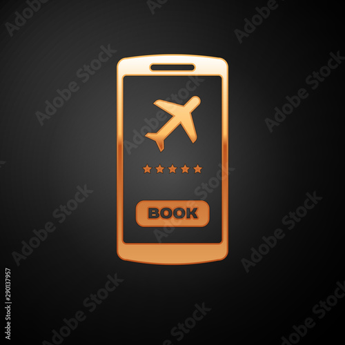 Gold Smartphone with electronic boarding pass airline ticket icon isolated on black background. Passenger plane mobile ticket for web and app. Vector Illustration