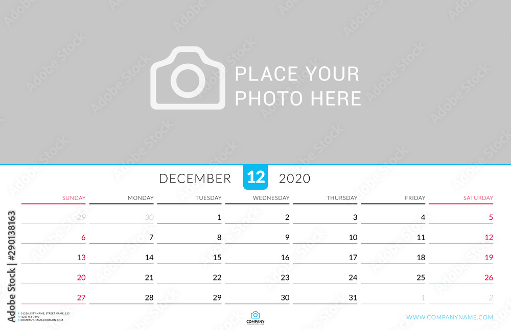 December 2020. Wall calendar planner with place for photo. Vector design print template. Week starts on Sunday. Landscape orientation