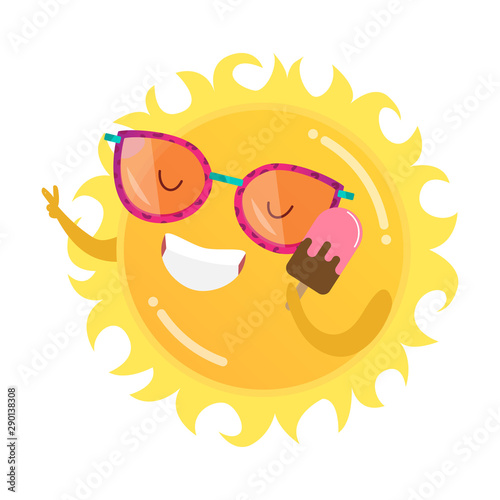 Happy sun in sunglasses eating ice cream illustration