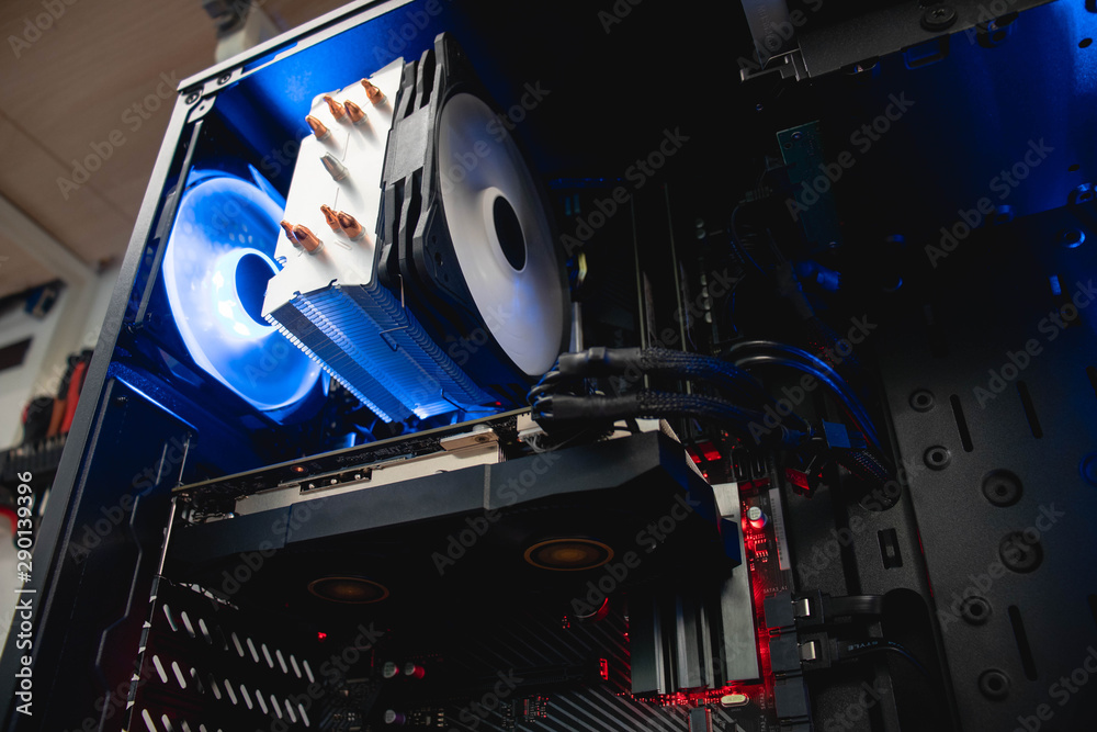Inside of a professional gaming computer, video graphics card mounted ...