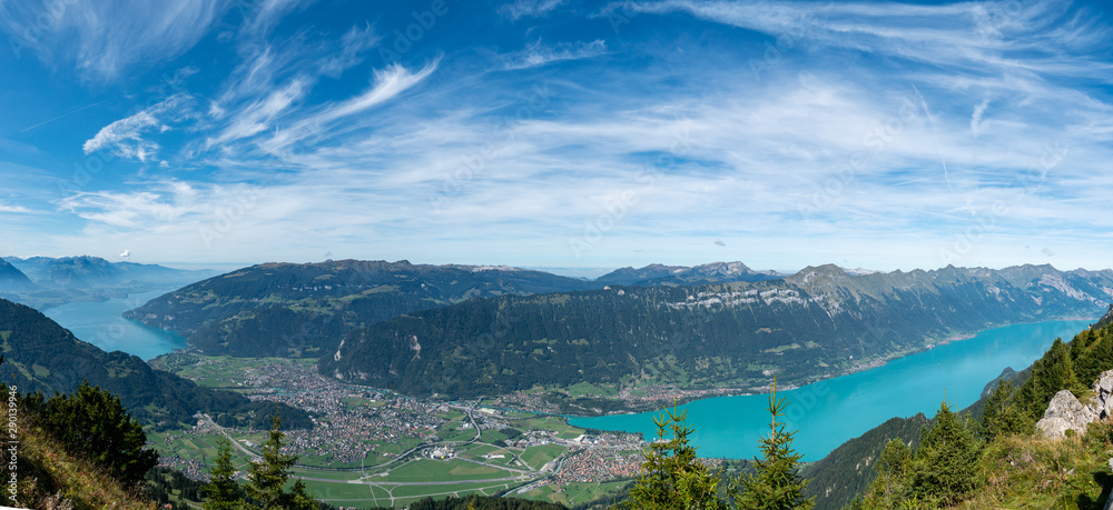 view down on Interlaken and the two lakes Thun and Brienz during the hike around Schynige Platte