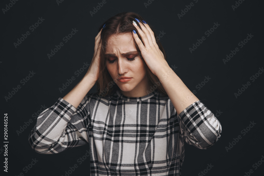 Female with migraine isolated. Headache concept