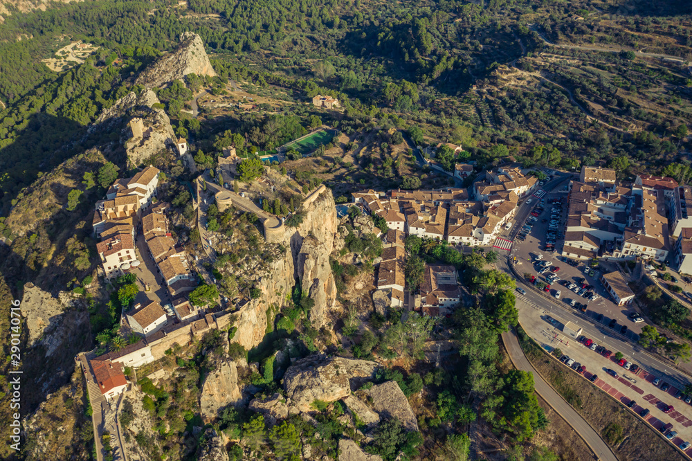 Aerial shot of Guadalest Village and Castel Alicante Province of Spain Costa Blanca at sunset