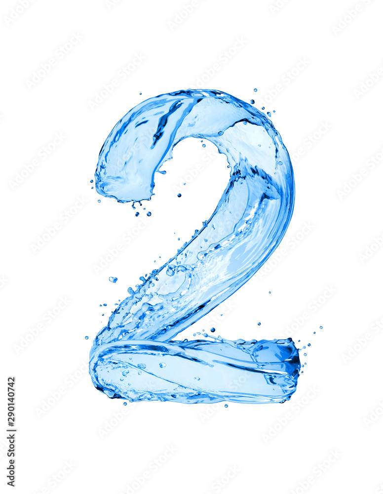 Number 2 made of water splashes, isolated on a white background - obrazy, fototapety, plakaty 