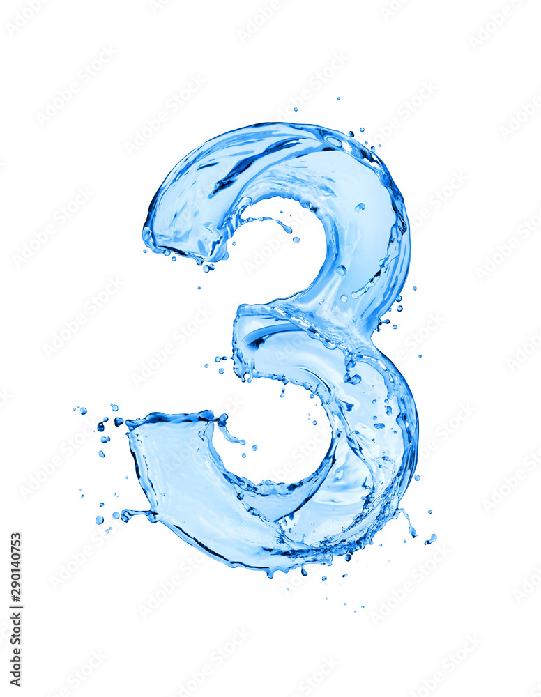 Number 3 made of water splashes, isolated on a white background - obrazy, fototapety, plakaty 