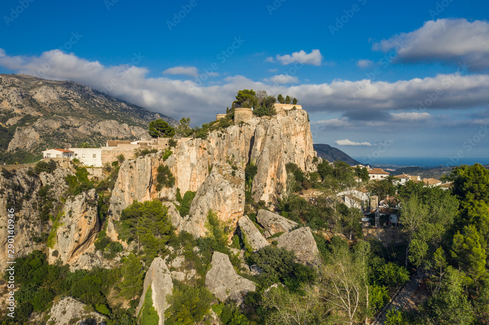 Aerial shot of Guadalest Village and Castel Alicante Province of Spain Costa Blanca at sunset