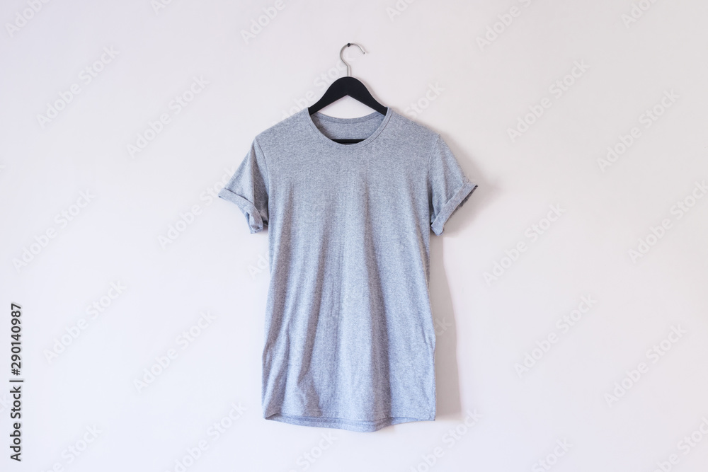 gray blank t-shirt on a hanger