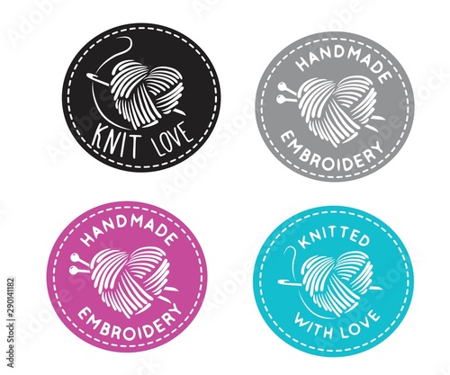  made and knitted with love, Vector set of logo design templates in simple linear style - handmade fashion and crafts badges - emblems handmade embroidery,