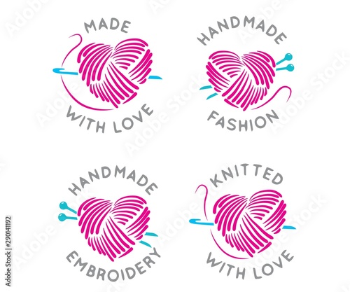  made and knitted with love, Vector set of logo design templates in simple linear style - handmade fashion and crafts badges - emblems handmade embroidery,