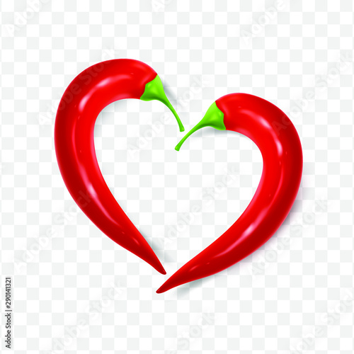 Two red chili peppers isolated on transparent background, view of heart. Valentine's Day. Spicy fruit, spice, food, vegetable. 3D vector illustration. EPS10