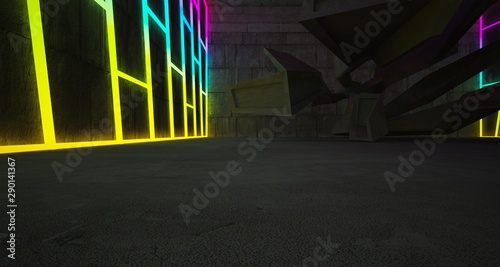 Abstract architectural concrete interior of a minimalist house with color gradient neon lighting. 3D illustration and rendering.