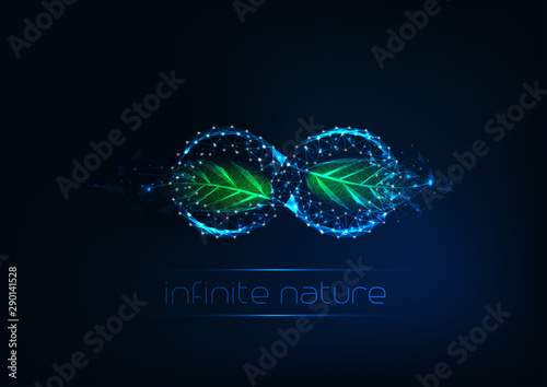 Futuristic glowing low polygonal infinity sign with green leaves isolated on dark blue background.