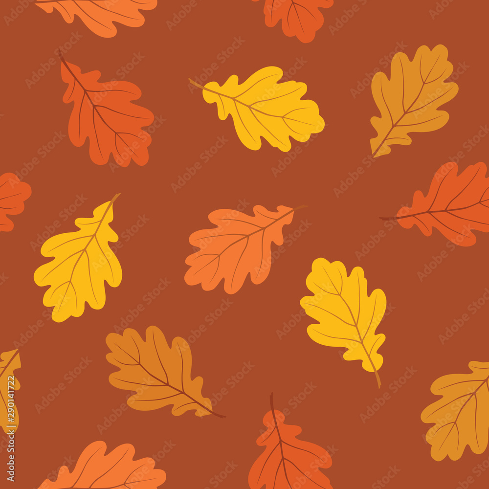 Autumn leaves seamless pattern. Fall nature oak leaf over brown background.