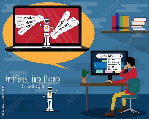 Flat design concept of search engine with artificial intelligence,Young man using search engine for data information,internet technology,vector illustration