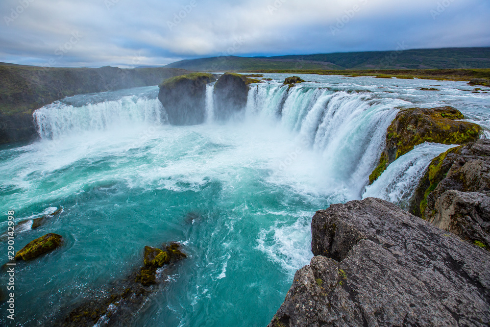 View of the Godafoss waterfall from a viewpoint on the right, Iceland View of the Godafoss waterfall from a viewpoint on the right, Iceland