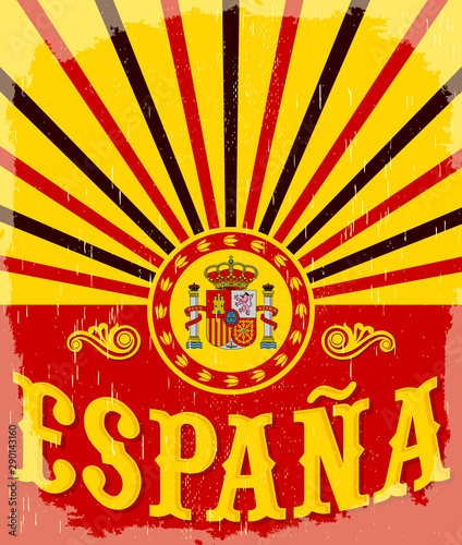 Espana, Spain spanish text vintage poster vector illustration, spanish flag colors.