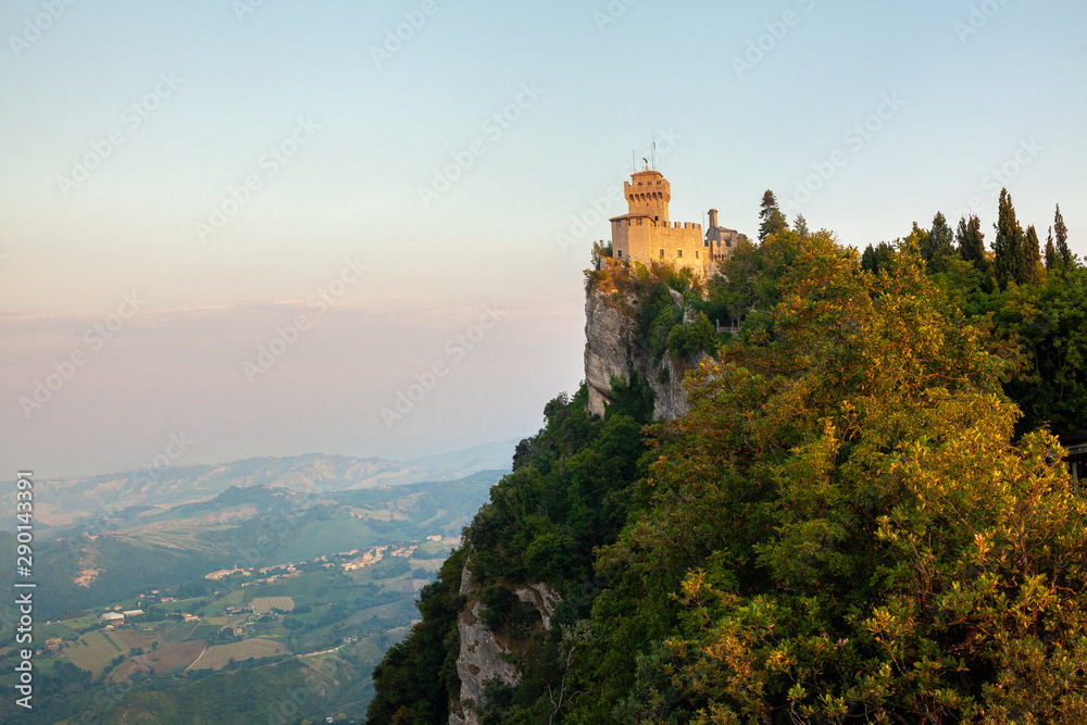 San Marino second tower: the Cesta or Fratta. Panoramic view of ancient fortress of Republic San Marino inside Italy. Fortress on the rock. View of the Castle of San Marino.