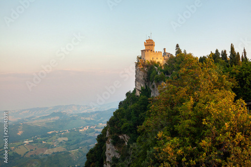 San Marino second tower: the Cesta or Fratta. Panoramic view of ancient fortress of Republic San Marino inside Italy. Fortress on the rock. View of the Castle of San Marino.