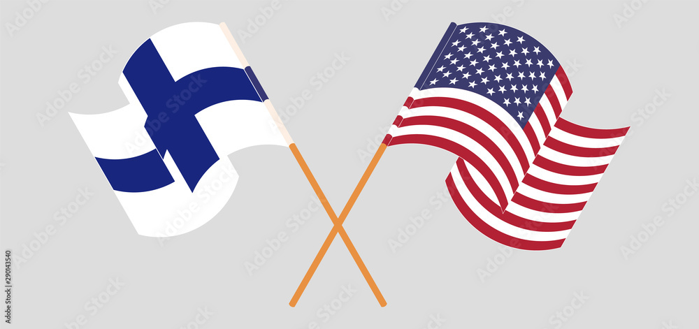 Crossed and waving flags of Finland and the USA Crossed and waving flags of Finland and the USA
