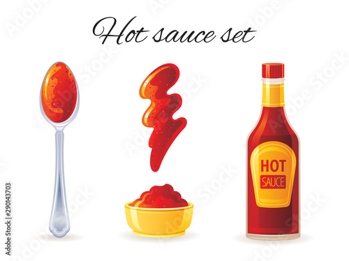 Chili pepper hot sauce. Spicy sauce bottle, bowl, spoon, splash. Food icon set with logo label package, mock up. Hot chilli glass bottle, 3d realistic vector illustration isolated on white background