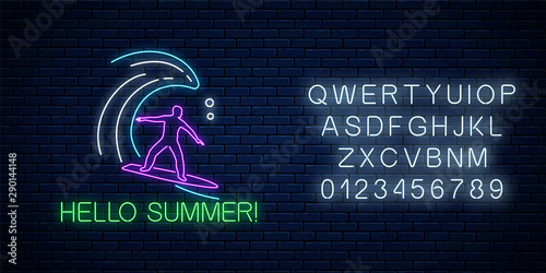 Photography Hello summer glowing neon sign with surfer in ocean wave with alphabet