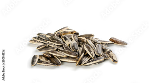 Pile of large striped sunflower seeds with shell isolated