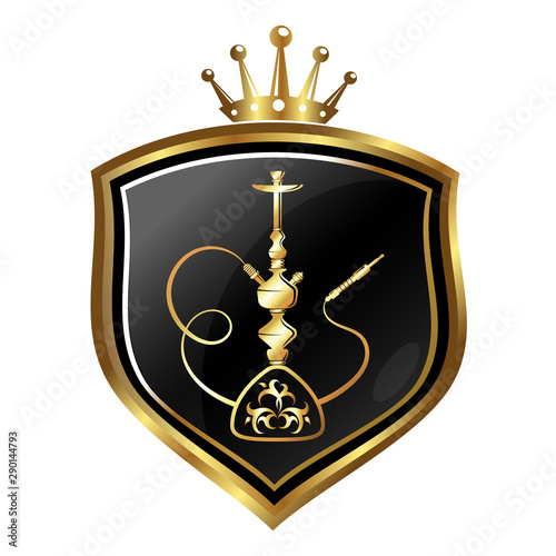 Golden hookah and crown symbol on a shield