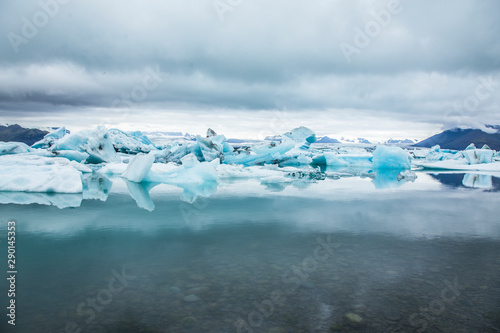 Panoramic of Blue Icebergs in the Jokulsarlon Ice Lake. Iceland