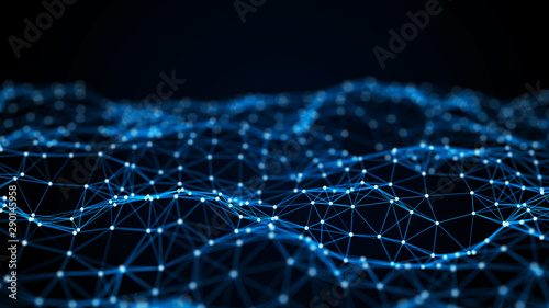 Abstract composition with connecting dots and lines. Blue background. Plexus effect. Big data. 3D rendering