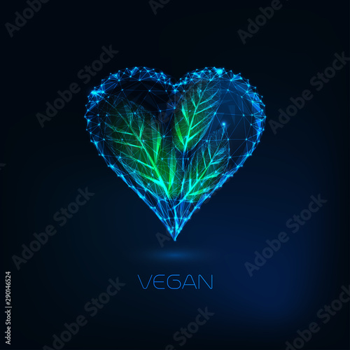 Futuristic glow low poly heart with green leaves. Vegan, nature love zero waste lifestyle concept.