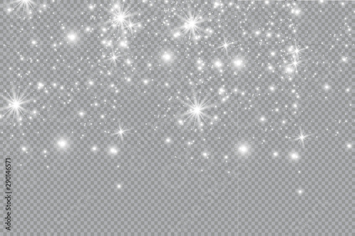 Dust white. White sparks and golden stars shine with special light. sparkles on a transparent background. Christmas abstract pattern. Sparkling magical dust particles.