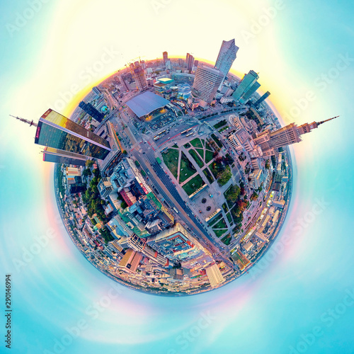 Bild auf Leinwand Beautiful panoramic aerial drone view at sunset - little planet, 360 degree pa