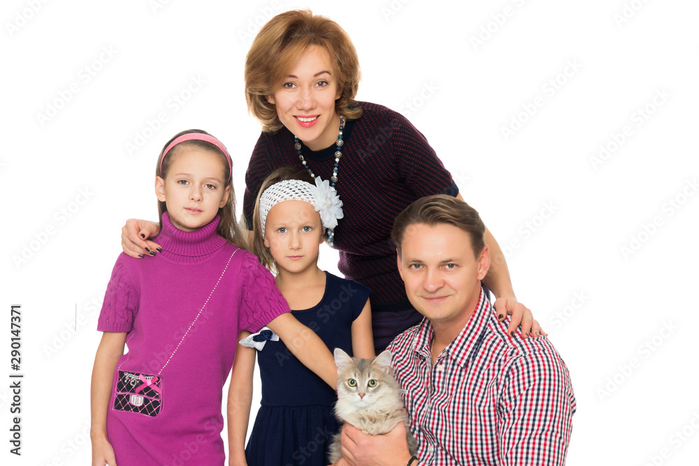 Happy family with cat. Isolated on white background
