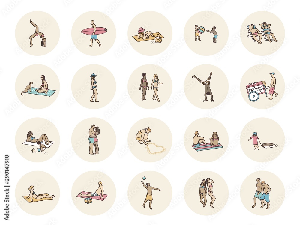 Social media icons with tiny people lying and playing at the beach Social media icons with tiny people lying and playing at the beach