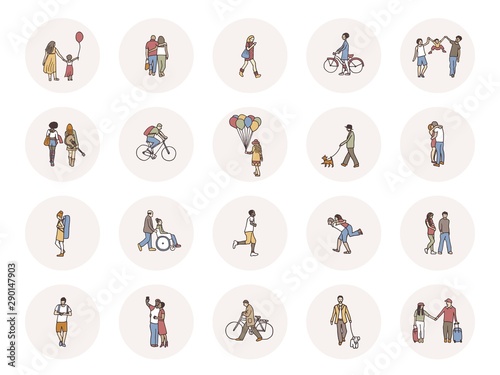 Social media icons with tiny pedestrians walking through the street
