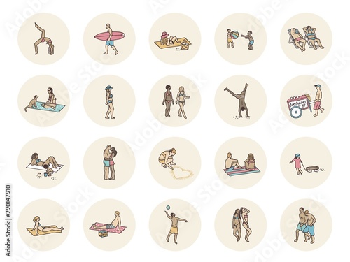 Social media icons with tiny people lying and playing at the beach