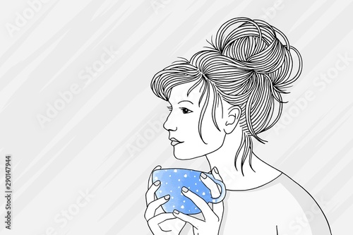 Hand drawn black and white portrait of a young pensive woman holding a bright blue cup of morning coffee