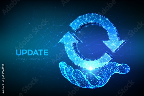 Update or Synchronization icon. Low poly abstract update or sync sign in hand. Processing concept. Can be used for topics like refresh, recycling, reload. 3D polygonal vector illustration.