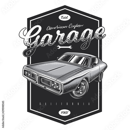Original monochrome vector emblem in vintage style. Vintage American car. American custom garage