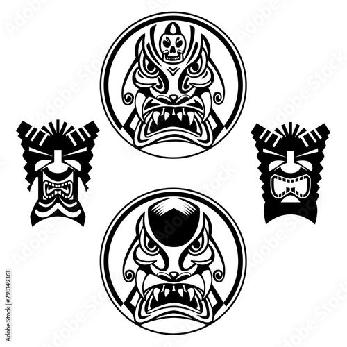 Hand drawn totem face, statue, idol Polynesian symbol set. Ancient tribal,eps 10