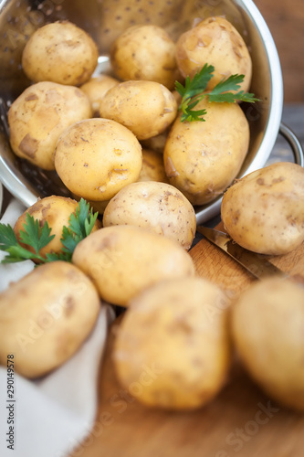 Raw potato. Fresh new potatoes on wooden background