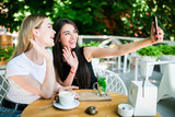 Cheerful female friends taking selfie picture in cafe. Two beautiful young women smiling and looking to the camera in smartphone. Friendship concept