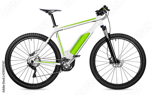 fantasy fictitious design of an ebike pedelec with battery powered motor bicycle moutainbike. mountain bike ecology modern transport concept isolated white background photo