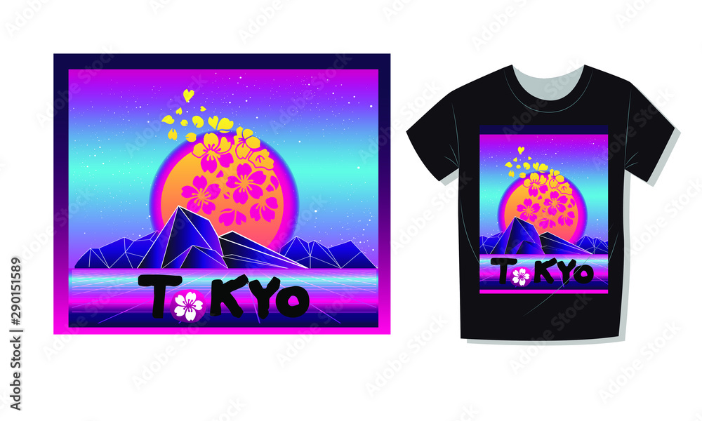 Aesthetic Vaporwave T Shirt Print Template With Sun And Mountains 90s 80s Retro Japan Cartoon Kawaii Otaku Hipster Style Synthwave Retrowave Neon Color Pastel Tones Japanese Text Means Tokyo Stock ベクター Adobe