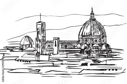 Rysynek ręcznie rysowany. Widok na zabytkową dzielnicę Florencji w Toskanii we Włoszech