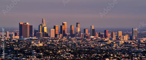 City skyline at sunset, Los Angeles, California, United States