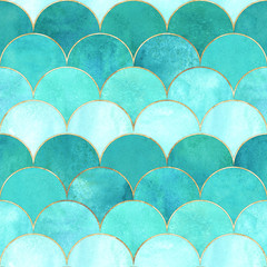 Sierkussen Turquoise patronen Japans visschubbenpatroon zeemeerminstijl  © Olga