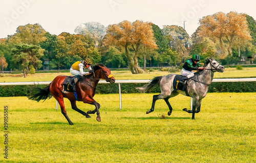 Race horses with jockeys on the home straight. Shaving effect. Watercolor painting illustration