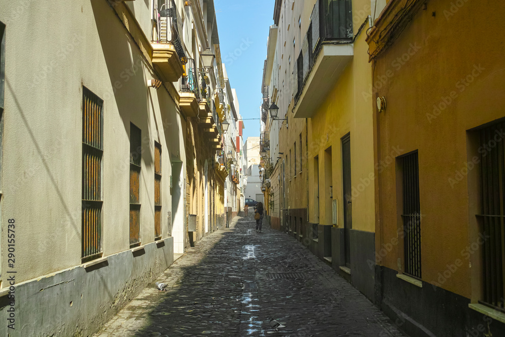 Narrow medieval streets of one of oldest city in Europe, Cadiz, Andalusia, Spain