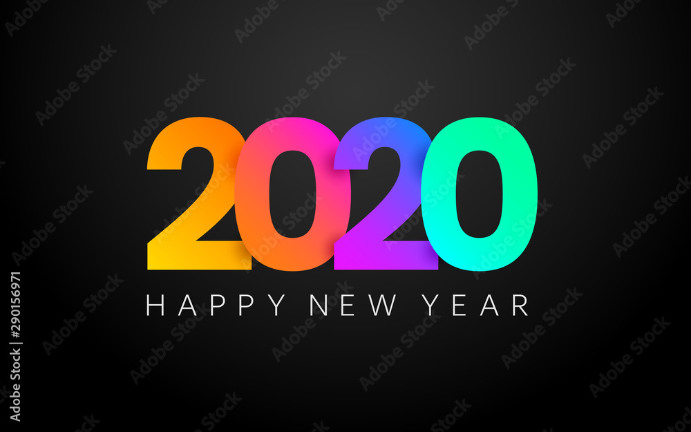 Happy New Year color banner. 2020 poster. Merry Christmas minimal composition on dark background. Colorful greeting card with gradients. Celebration backdrop. Vector illustration Happy New Year color banner. 2020 poster. Merry Christmas minimal composition on dark background. Colorful greeting card with gradients. Celebration backdrop. Vector illustration